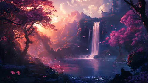 Enchanted violet forest embraces a sunlit fantasy waterfall