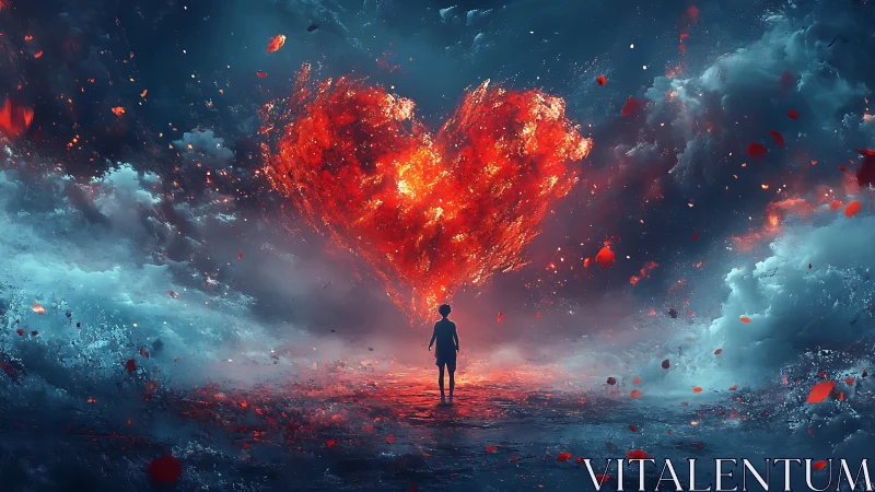 Solitary figure faces massive heart-shaped explosion in dramatic digital atmosphere.