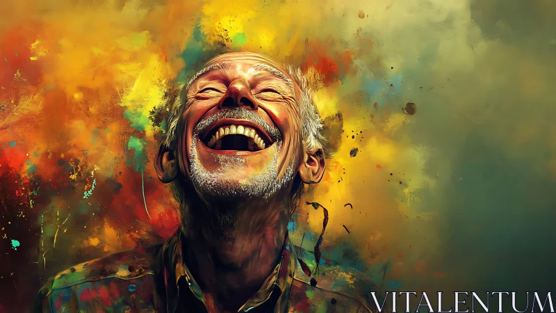 Ebullient elder erupts in color soaked, paint-splashed joy.