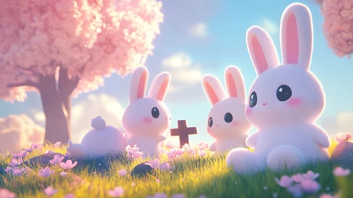 Digital rabbits in meadow near cross-shaped marker scene.