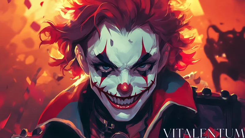 Digital painting portrait of sinister clown in fiery lighting.
