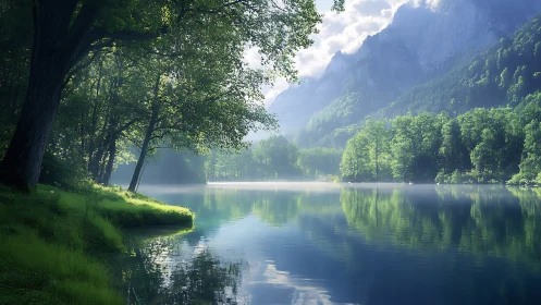 Photorealistic alpine forest lake with atmospheric depth rendering.