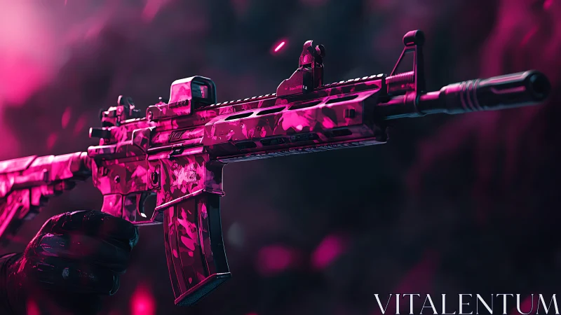 Sleek neon rifle glows boldly against a dramatic dark haze