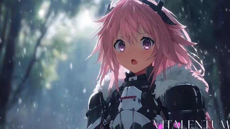 Anime knight heroine in rainlit forest, high-detail rendering.