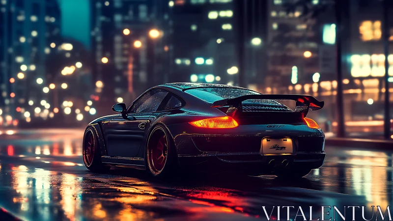 Neon-soaked sports coupe rendered in cinematic cyberpunk nightscape.