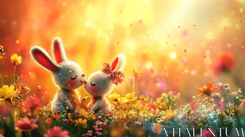Plush textured bunny couple kissing in luminous flower meadow