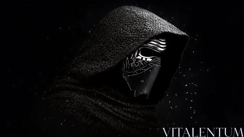 Hooded armored figure in fragmented metallic mask, dark field