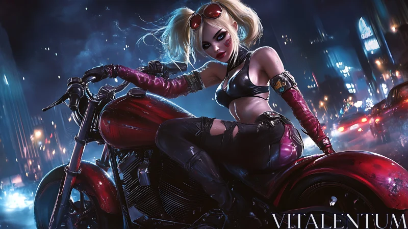 Blonde female biker on red motorcycle in night city street.