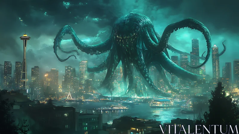 Colossal eldritch leviathan looming above neon city skyline.