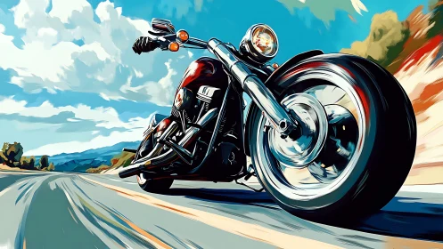 Low-angle illustration shows motorcycle moving on open road