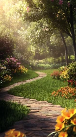 Sunlit stone pathway through dynamically lit floral garden.