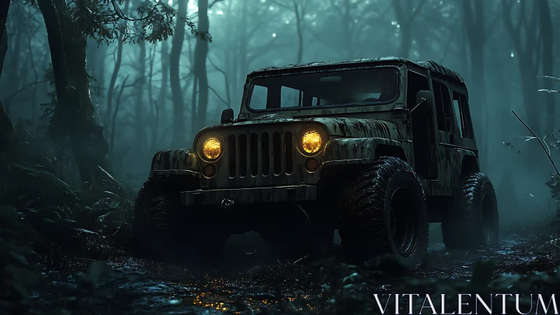 Mud‑scarred jungle jeep prowls through misted midnight forest.