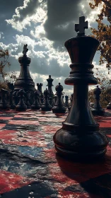 Stormlit chess kings rise over a weathered battlefield board.