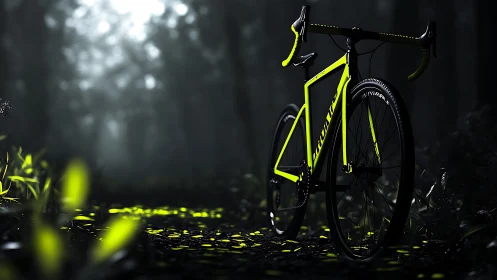 Neon Yellow Road Bike in Dark Forest Setting