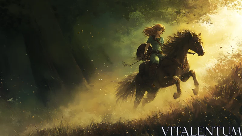 Brave rider and loyal horse race toward golden forest light.
