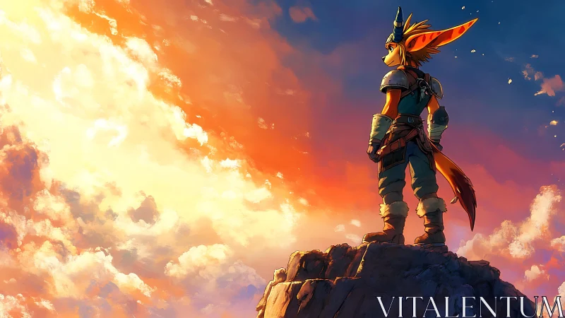 Anthropomorphic warrior surveys sunset sky in vivid digital art