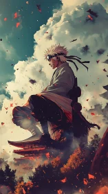 Stoic ninja silhouette above pagoda in burning autumn sky.