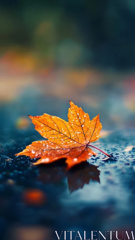 Quiet autumn leaf resting on rain-kissed blue pavement.