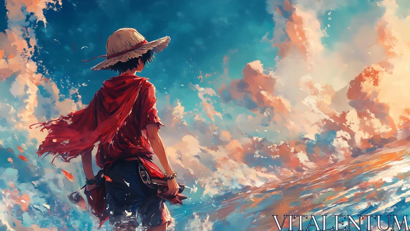 Backlit anime sailor studies turbulent sky and reflective ocean