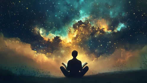Silhouette reading under vast glowing star filled sky.
