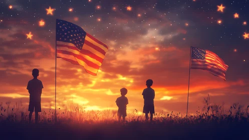 Children Stand in Wonder Under Glowing American Flags at Sunset