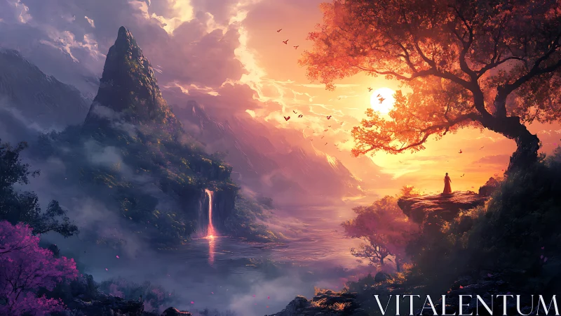 Sunlit cliffs and misty mountains in a dreamlike valley.