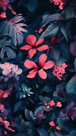 Illuminated botanical arrangement with contrasting neon and cool tones.