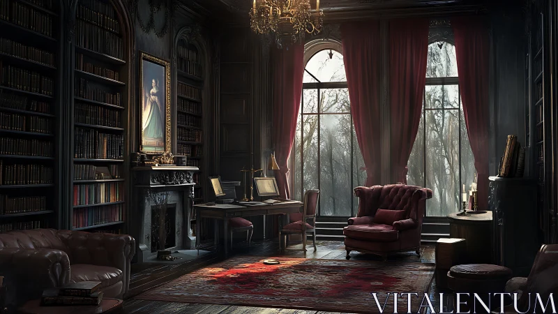 Victorian style library interior with armchairs and desk.