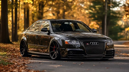 Shadow-slick Audi sedan prowling through molten autumn light.