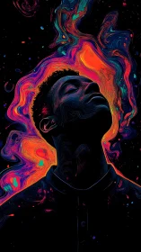 Neon fluid portrait silhouette with swirling chromatic nebula