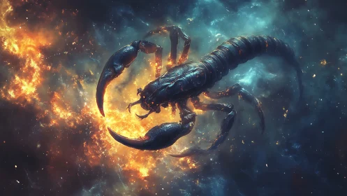 Scorpion silhouette within cosmic fire and nebula field.