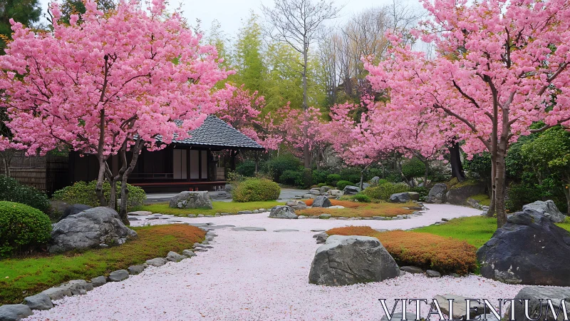 Cherry blossom garden path leading to a tranquil tea house.
