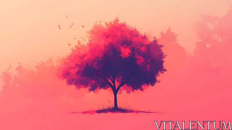 Solitary tree silhouette in pink and orange gradient field.
