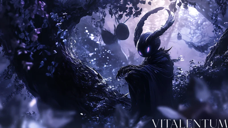 Horned shadow sentinel in bioluminescent twilight forest.