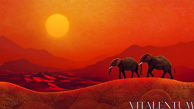 Stylized elephants traverse patterned dunes at a saturated sunset
