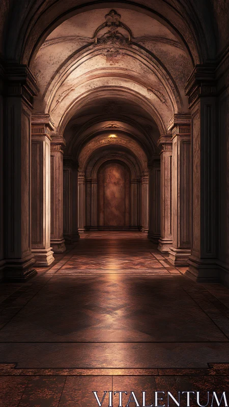 Baroque stone arcade with axial vanishing point illumination.