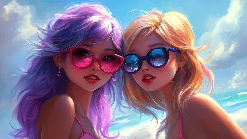 Stylized beach portrait of two girls in sunglasses at shore.