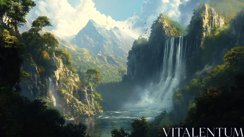Sunlit mountain gorge frames misty cascade and river basin
