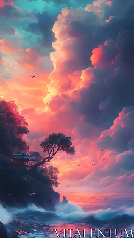 Sunset storm clouds tower over tranquil cliffside shrine.