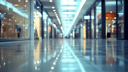 Empty mall corridor reflects cool LED ceiling glow.