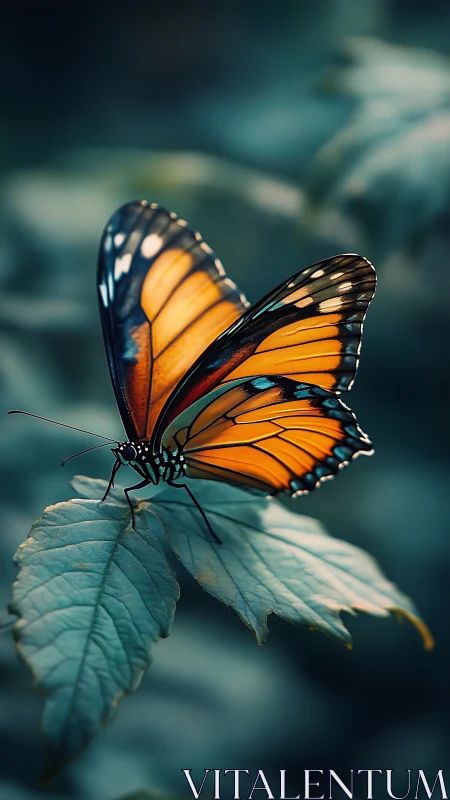 Monarch butterfly rests on cool-toned leaf in soft light.