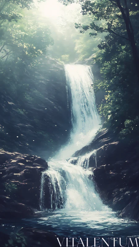 Digital painting of tiered forest waterfall with misty light.