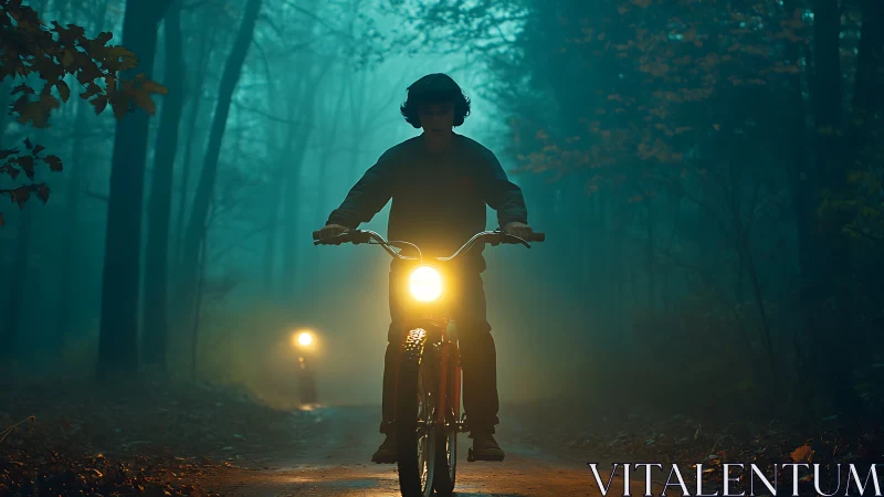 Riding Through the Misty Forest at Dusk.