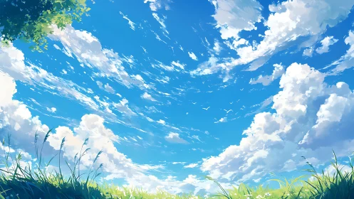 Summer field under towering clouds and vivid blue sky.