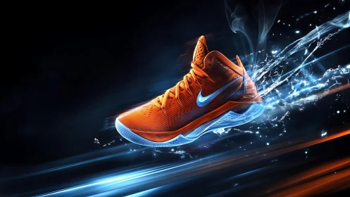Orange athletic shoe in dynamic blue light burst composition.