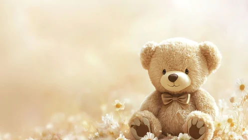 Soft-focus plush teddy bear rendered in warm pastel lighting