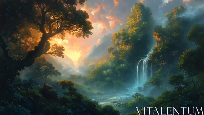 Mountain Forest Landscape with Waterfall and Dawn Light