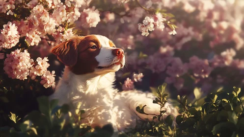 Calm dog rests under glowing pink spring blossoms at sunset