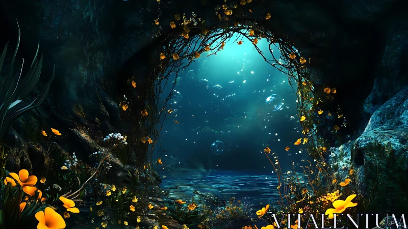Luminous underwater grotto crowned with golden wildflower portal.