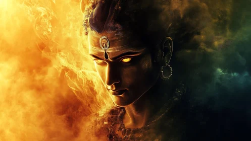 Bimodal elemental deity portrait in volumetric fire fog field.